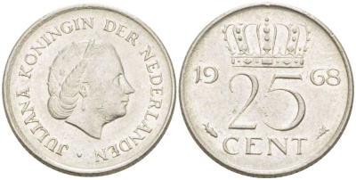 НИДЕРЛАНДЫ 25 ЦЕНТОВ 1968 ЮЛИАНА (1948-1980) KM 183 никель 214-953