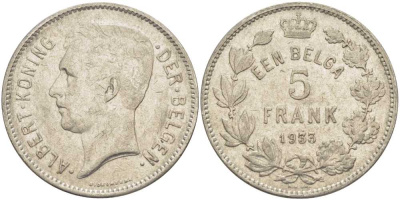 БЕЛЬГИЯ 5 ФРАНКОВ 1933 АЛЬБЕРТ I, DER BELGEN KM 98 никель 3851-435