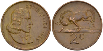 ЮАР 2 цента 1969 Ян ван Рибек (1619-1677), South Africa, легенда на английском, антилопа гну KM 66.1 бронза 67-257