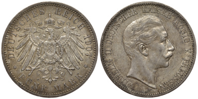 Пруссия 5 марок 1907 Вильгельм II (1888-1918) KM 523, J. 104 серебро 1066-5-22