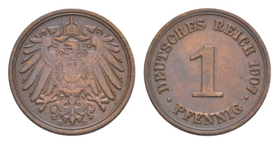 Германия 1 пфенниг 1907 D, Вильгельм II (1888-1918) KM 10, J. 10 медь 4639-1131