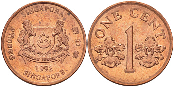 Сингапур 1 цент 1992 sm KM 98 цинк плакированный медью 66-348