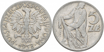 ПОЛЬША 5 ЗЛОТЫХ 1958 MW, РЫБАК KM 47 алюминий 4545-523