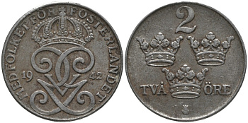 Швеция 2 эре 1942 Густав V (1907-1950) KM 811 железо 63-753