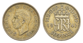 Великобритания 6 пенсов 1941 Георг VI (1936-1952) KM 852, Spink 4084 серебро 4643-852