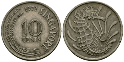 Сингапур 10 центов 1977 морской конёк KM 3 медно-никель 4136-1037