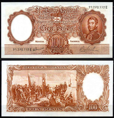 Аргентина 100 песо 1967-1969 серия Е 91270, Генерал Сан Мартин, подпись E. LANNELLA-P.E. REAL Pick 277 бумага UNC (пресс)  000-00-00