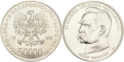 Польша 50000 злотых 1988 MW, 70 лет независимости Польши, Юзеф Пилсудский KM 180, Parchimowicz 372a серебро UNC 1091-8-22