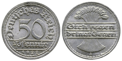ГЕРМАНИЯ 50 ПФЕННИГОВ 1922 A KM 27, J. 301, Weege 10 алюминий 4380-855