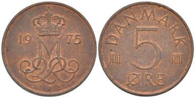 Дания 5 эре 1975 S; B, Маргрете II (1972- ) KM 859.1 железо плакированное медью 4564-1162