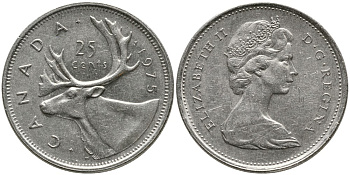 КАНАДА 25 ЦЕНТОВ 1975 ЕЛИЗАВЕТА II (1952-), ОЛЕНЬ, ВТОРОЙ ПОРТРЕТ В КОРОНЕ KM 62b никель 4543-735