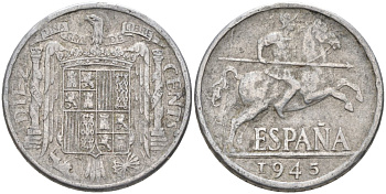Испания 10 сентимо 1945 всадник KM 766 алюминий 4116-1053