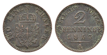Пруссия 2 пфеннига 1863 A, Вильгельм I (1861-1888) KM 481 медь 4151-1136