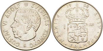 Швеция 1 крона 1954 TS, Густав VI Адольф (1950-1973) KM 826 серебро 183-1245