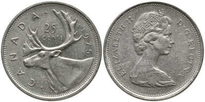 КАНАДА 25 ЦЕНТОВ 1975 ЕЛИЗАВЕТА II (1952-), ОЛЕНЬ, ВТОРОЙ ПОРТРЕТ В КОРОНЕ KM 62b никель 4543-735