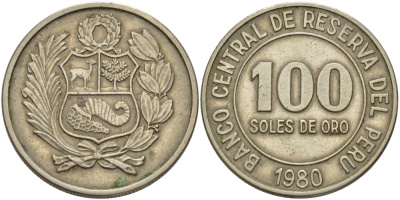 Перу 100 солей 1980 KM 283 медно-никель 4178-825