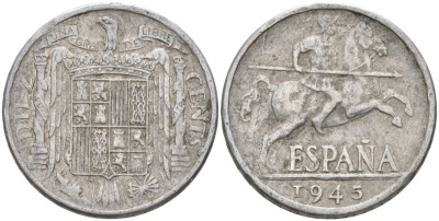 Испания 10 сентимо 1945 всадник KM 766 алюминий 4116-1053