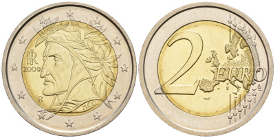 Италия 2 евро 2009 Данте Алигьери KM 217 биметалл UNC 4148-715