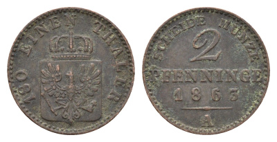 Пруссия 2 пфеннига 1863 A, Вильгельм I (1861-1888) KM 481 медь 4151-1136