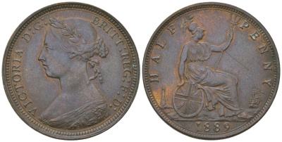 Великобритания 1/2 пенни 1889 Виктория (1837-1901) KM 754, Spink 3956 бронза 4163-836
