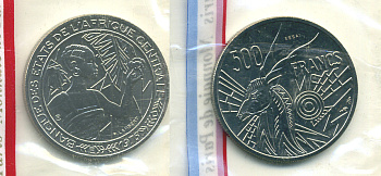 Центрально-Африканские штаты 500 франков 1976 пробник, ESSAI, Камерун, в оригинальной упаковке KM E9 никель UNC 5010-135