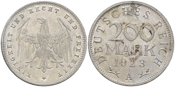 ГЕРМАНИЯ 200 МАРОК 1923 A KM 35, J. 304, Weege 22 алюминий 261-837