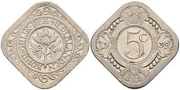 Нидерланды 5 центов 1939 Вильгельмина (1890-1948) KM 153 медно-никель 4575-723