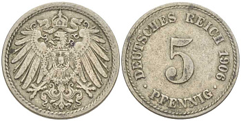 Германия 5 пфеннигов 1906 A KM 11, J. 12 медно-никель 206-1218