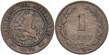Нидерланды 1 цент 1878 Виллем III (1849-1890) KM 107 бронза 4576-526