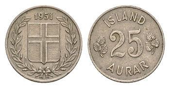Исландия 25 эйре 1951 KM 11 медно-никель 4632-945
