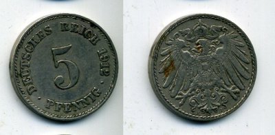 ГЕРМАНИЯ 5 ПФЕННИГОВ 1912 J, KM 11, J. 12 медно-никель 53-457