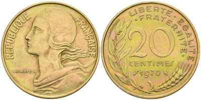 Франция 20 сантимов 1970 тип Марианна KM 930 медь алюминий никель 4116-522