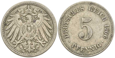Германия 5 пфеннигов 1906 A KM 11, J. 12 медно-никель 206-1218