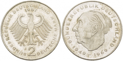 ФРГ 2 МАРКИ 1987 J, ТЕОДОР ХОЙС KM 127, J. 407 медно-никель плакированный никелем 3718-947