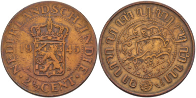 Нидерландская Восточная Индия 2 1/2 цента 1945 Р KM 316 бронза 32-1142