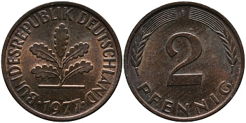 ФРГ 2 пфеннига 1977 F KM 106a, J.381a сталь плакированная медью 99-231