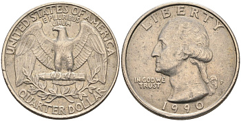 США 25 центов = квотер 1990 P, Вашингтон КМ 164а медь плакированная медно-никелем 4573-152