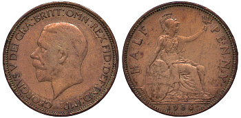 Великобритания 1/2 пенни 1936 Георг V (1910-1936) KM 837, Spink 4058 бронза 4122-746