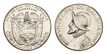 Панама 1/10 бальбоа (10 сентесимо) 1967 тираж 12.701 экземпляров KM 10 медь плакированная медно-никелем PROOF 1522-121