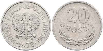 Польша 20 грошей 1972 MW, Народная Республика KM А47, Parchimowicz 208l алюминий 4580-649