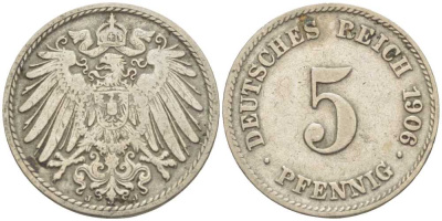 Германия 5 пфеннигов 1906 J KM 11, Jager 12, Weege 6 медно-никель 105-123