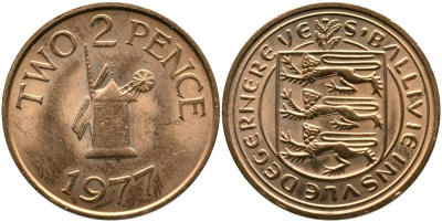 Гернси 2 пенса 1977 ветряная мельница KM 28 бронза 4523-335