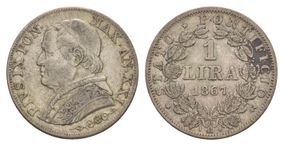 Папская область 1 лира 1867 R, Пий IX (1846-1878) KM 1378 серебро 603-614