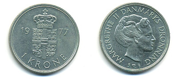 Дания 1 крона 1977 S; B, Маргарете II (1972- ) KM 862.1 медно-никель UNC 80-347