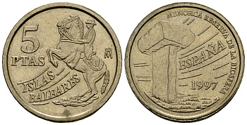 Испания 5 песет 1997 Хуан Карлос I (1975-2014), Балеарские острова, всадник KM 981 алюминиевая бронза 4136-1018