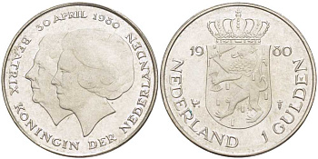 Нидерланды 1 гульден 1980 на коронацию Беатрикс, 30 апреля 1980 KM 200 никель 213-1242