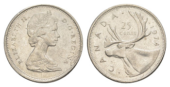 Канада 25 центов 1974 Елизавета II (1952-2022), олень KM 62b никель 4631-1045