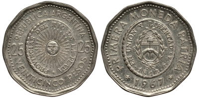 Аргентина 25 песо 1965 первая монета отчеканенная в Аргентине в 1813 году KM 61 сталь плакированная никелем 4185-533