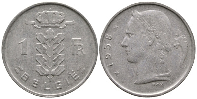 Бельгия 1 франк 1958 Belgie, Бодуэн I (1951-1993) KM 143.1 медно-никель 4622-321