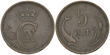 Дания 5 эре 1874 CS, Кристиан IX (1863-1906) KM 794 бронза 4171-835
